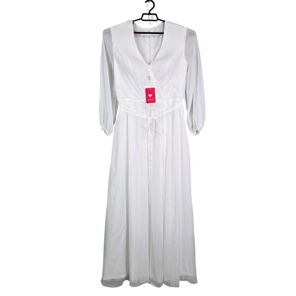 Womens JJs House White Maxi Dress Tie Waist Long Sleeve V Neck Sheer Overlay 16